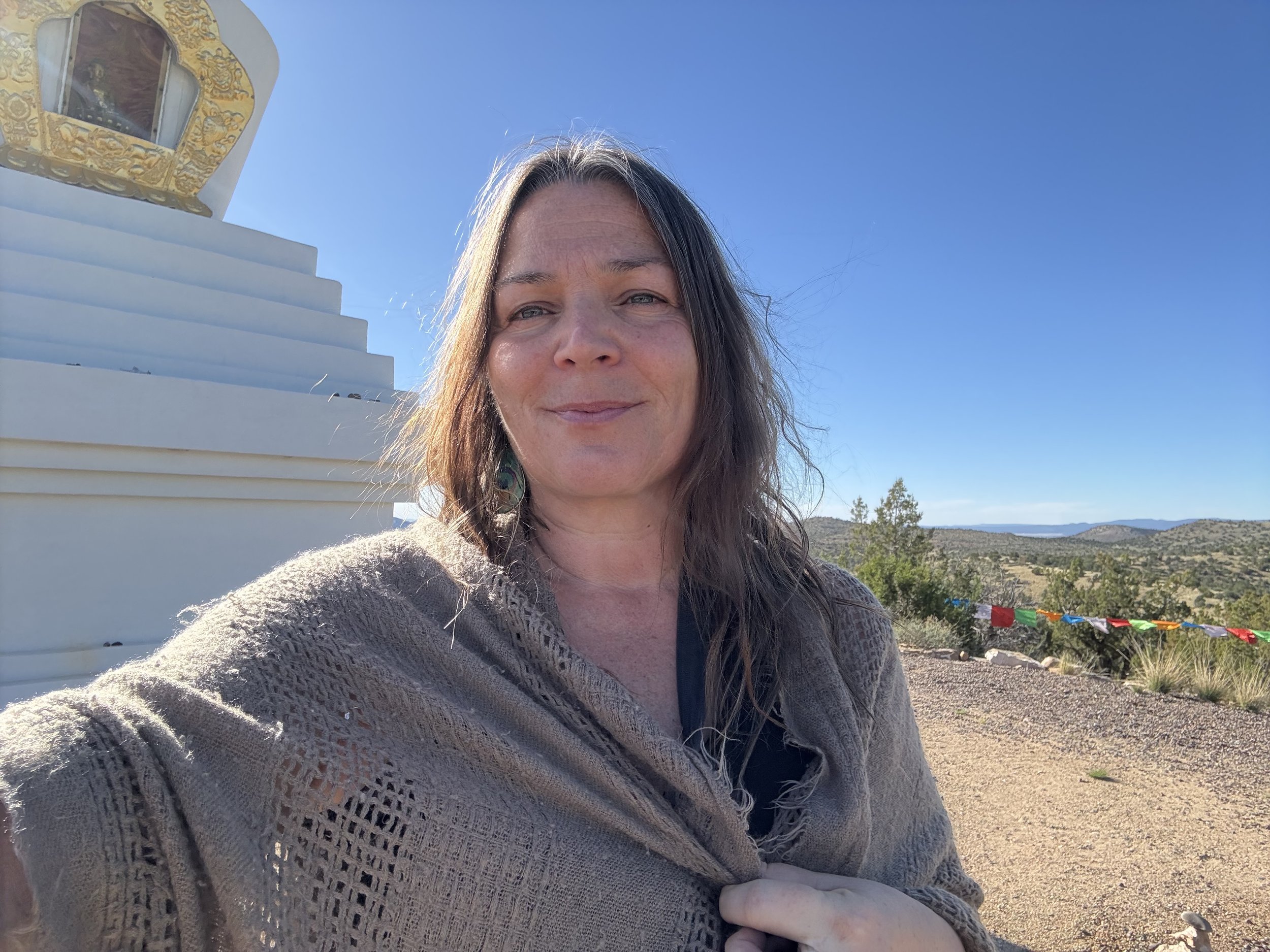 A woman with long brown hair and blue eyes is taking a selfie outdoors on a sunny day. She is smiling gently and wearing a light gray knitted sweater. Behind her, there are hills, trees, a blue sky, and colorful flags strung along the landscape.