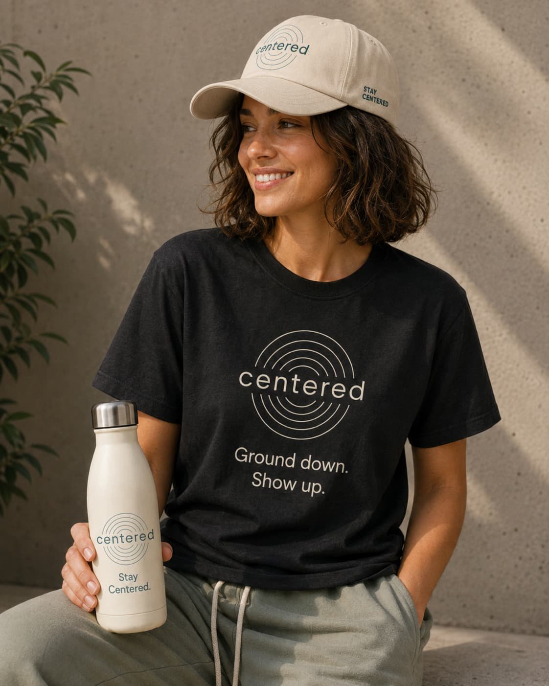 A smiling woman sitting against a light-colored concrete wall, wearing a black t-shirt and a beige hat with the words 'centered' and 'stay centered' printed on them. She is holding a white water bottle with similar branding and text that reads 'Stay Centered.'