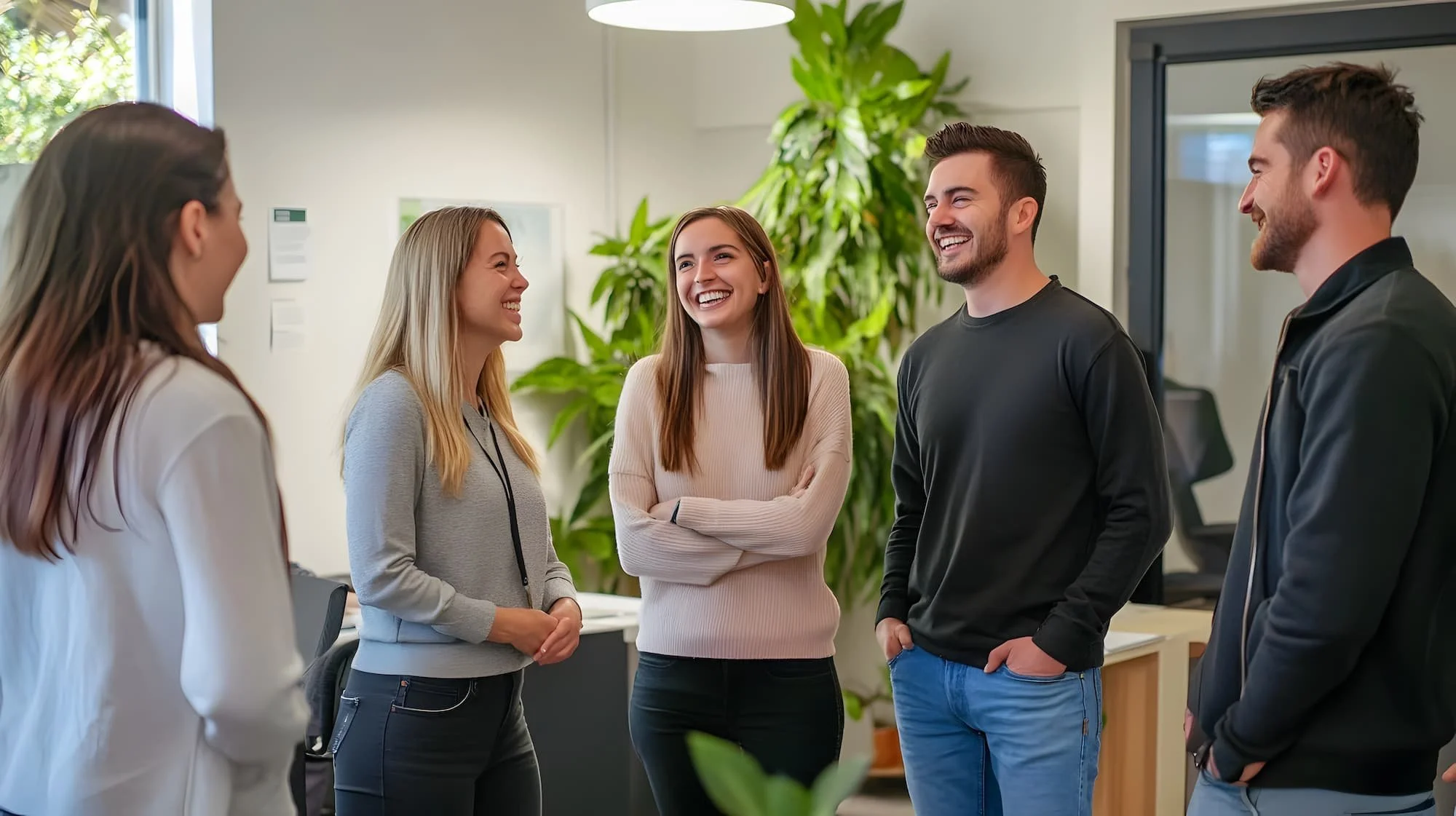 Group of five young adults smiling and talking in an office with green plants and a window in the background.