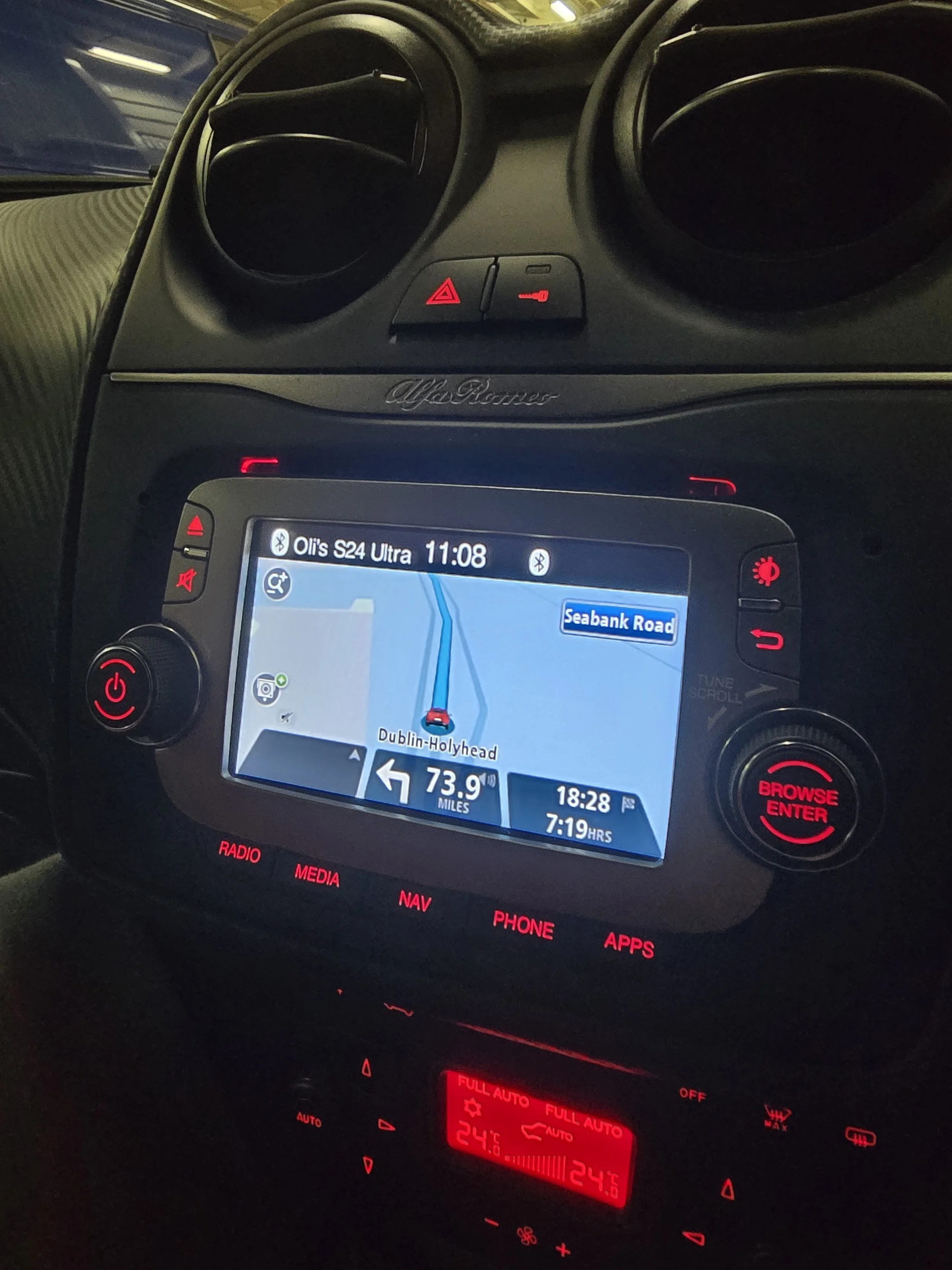 Image of the Mito's built-in satellite navigation, showing the ferry journey from Dublin to Holyhead on my way back to England.