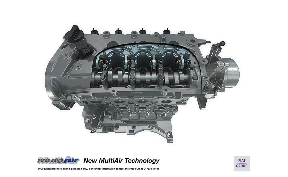 Cutaway diagram showing the inner workings of a Multiair engine, including the complex valvetrain.