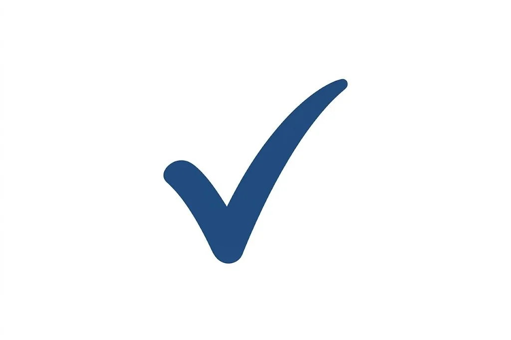 A blue checkmark on a white background.