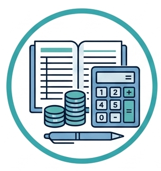 An icon featuring an open book, stacked coins, a calculator, and a pen, representing finance or accounting.