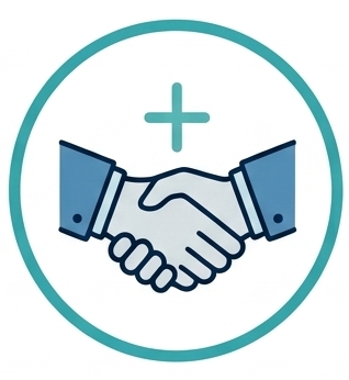 Illustration of two hands shaking with a plus sign above and a circle border.