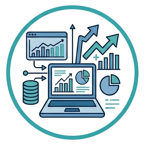 Digital marketing or data analytics symbols, including a laptop with charts, graphs, and growth arrows, representing data analysis and business growth.