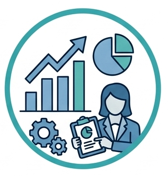 Businesswoman holding a clipboard with a pie chart, surrounded by bar chart, line graph, gears, and additional pie charts.