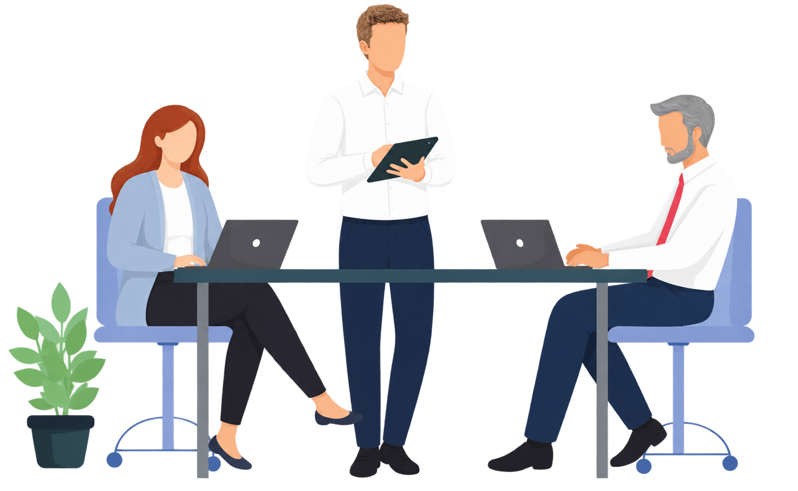 Three professionals in a meeting room with laptops; a woman with red hair seated on the left, a man with gray hair and beard seated on the right, both working on laptops, and a young man with light brown hair standing in the middle, holding a tablet. A potted plant is on the floor near the woman.