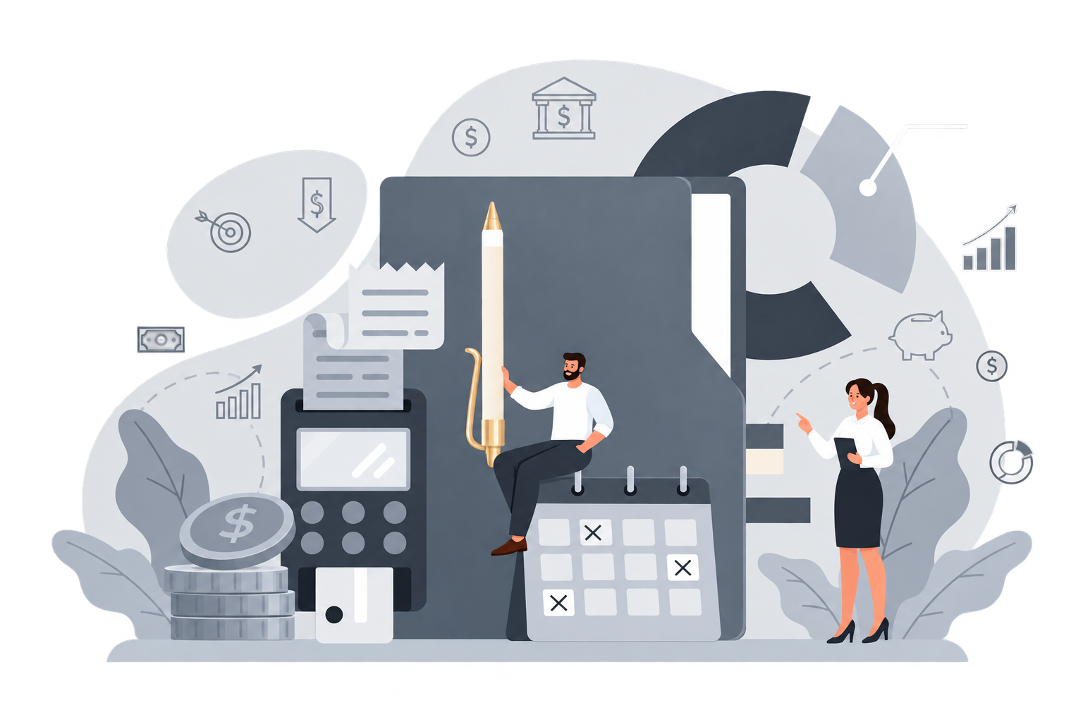 Illustration of financial and business planning with two characters, one sitting on a calendar and the other standing with a tablet, surrounded by financial icons such as coins, calculator, and graphs.