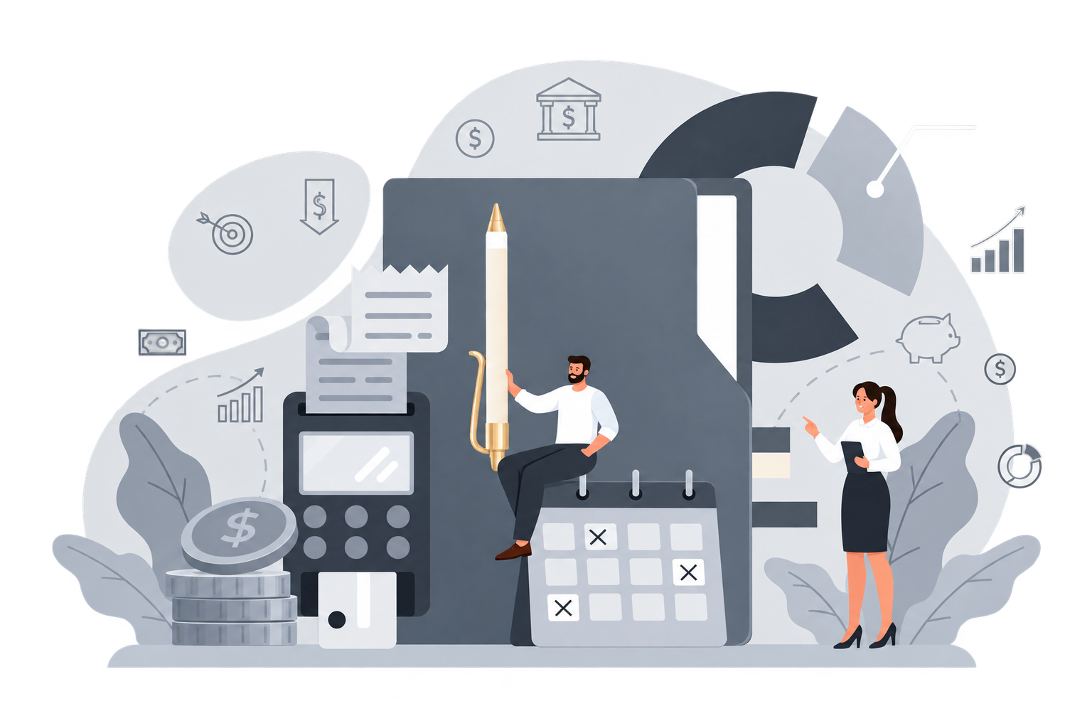 Illustration of financial planning and analysis, including a man sitting on a big calculator, a woman pointing, a credit card machine, coins, a calendar, and various financial icons in the background.