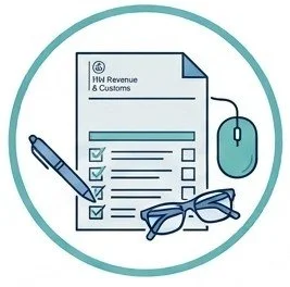 A checklist form from HW Revenue & Customs with a pen, sunglasses, and a computer mouse nearby.