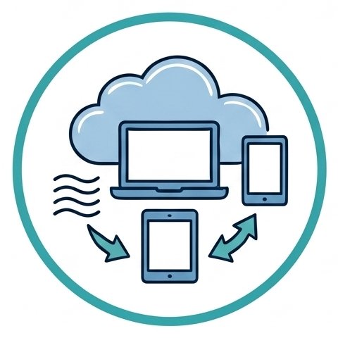 Cloud computing icon with a cloud, a laptop, and two mobile devices connected by arrows.