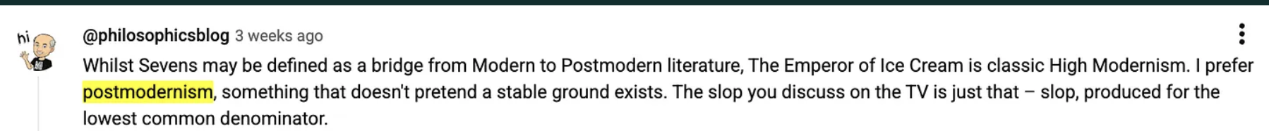 A social media post featuring a comment about the literary movement postmodernism, including a highlighted keyword and a humorous emoji of a person with a bald head and a beard.