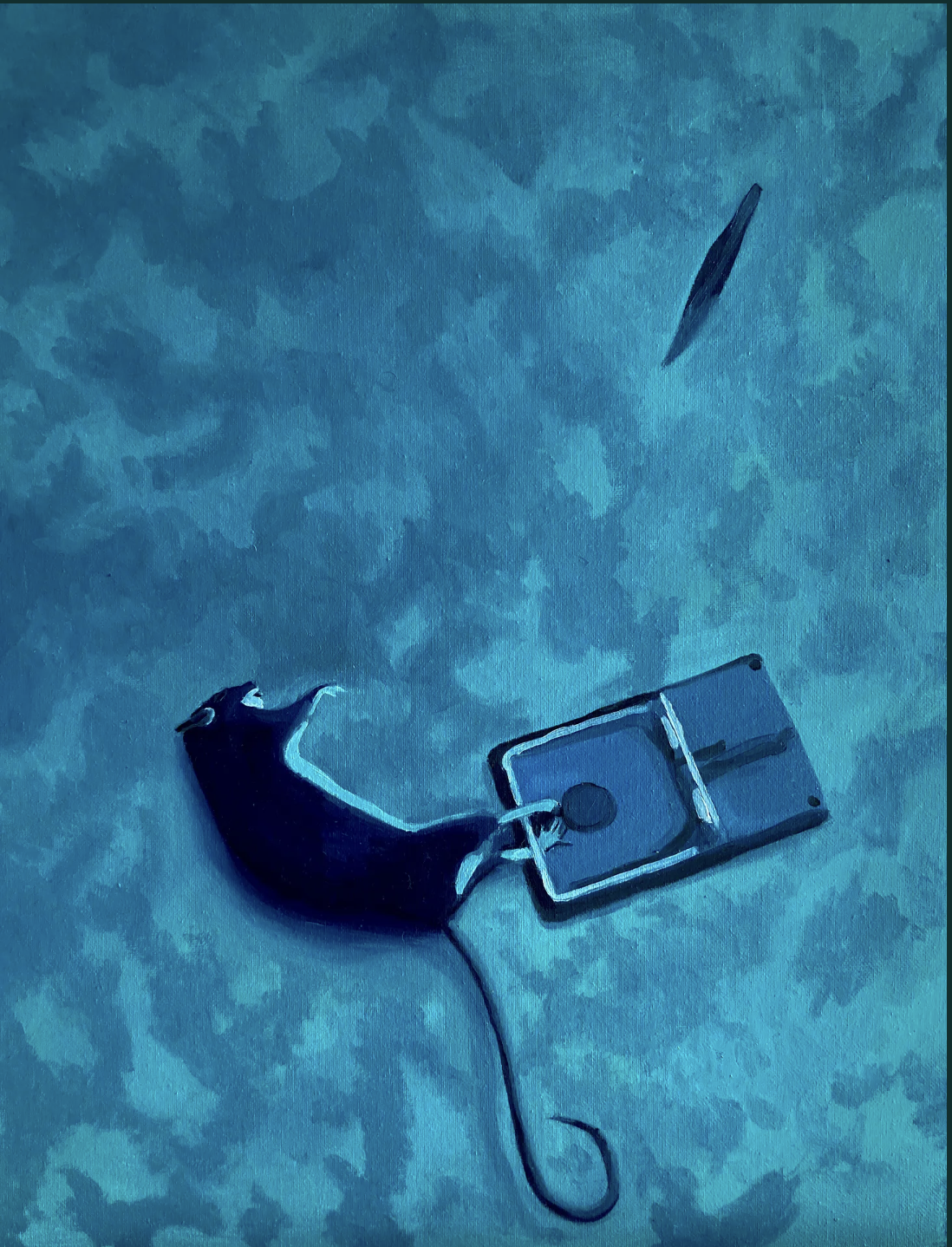 A black and gray cat lying on a teal carpet, next to a black smartphone with a charger attached. A black pen is suspended in the air above the phone.