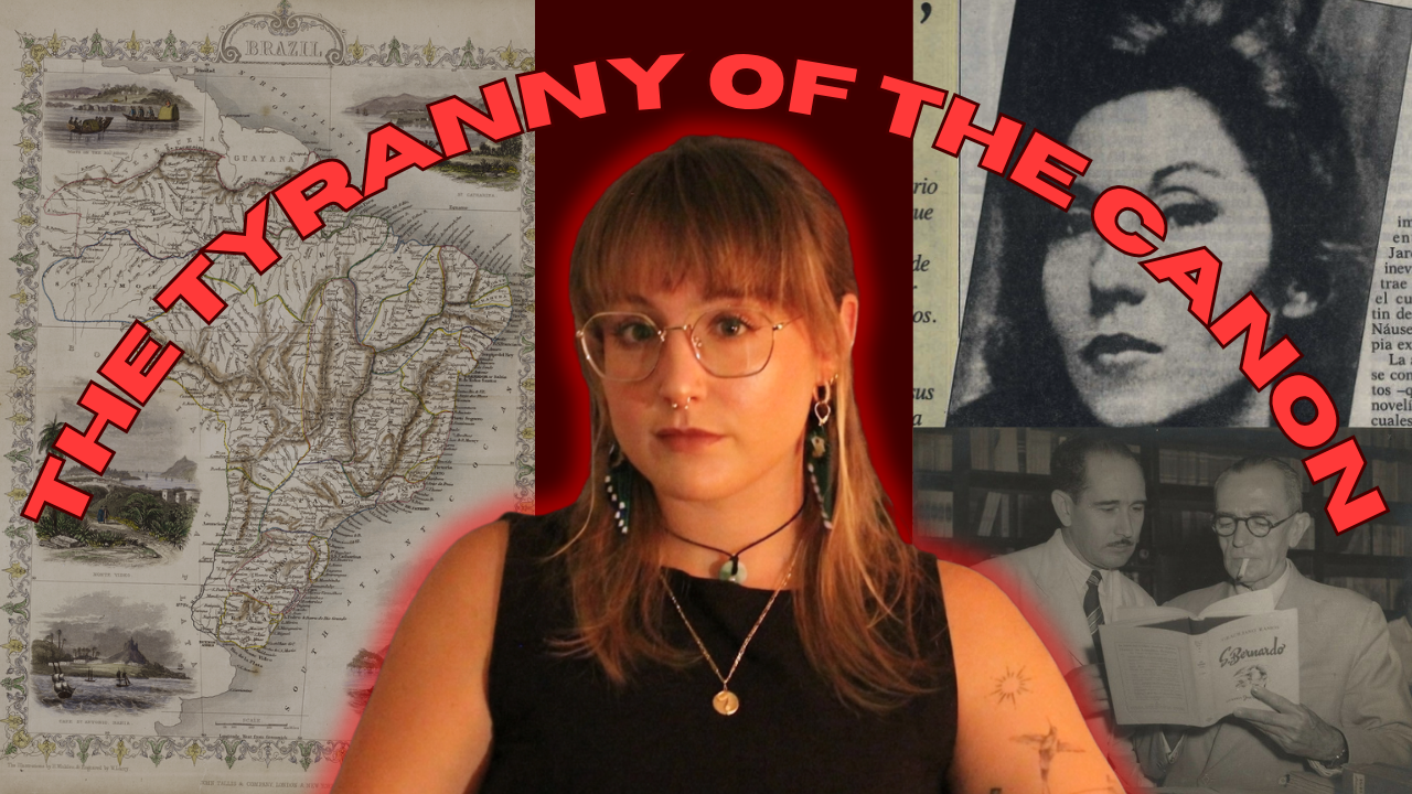 A collage featuring maps of Brazil and historical photographs, overlaid with red text reading 'The Tyranny of the Canton' and a portrait of a woman with glasses, earrings, and layered necklaces.