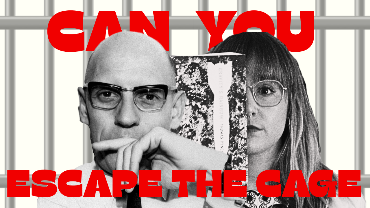 Michel Foucault and a woman with glasses behind bars, with the words 'Can You Escape The Cage' in red text over the image.