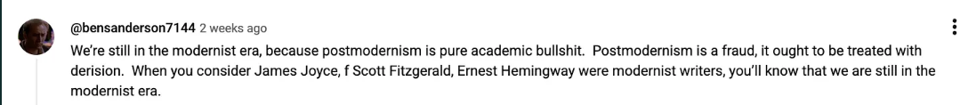 Screenshot of a social media comment discussing postmodernism and modernist writers like James Joyce, F. Scott Fitzgerald, and Ernest Hemingway.