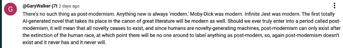 Screenshot of a social media post discussing post-modernism, mentioning Moby-Dick and Infinite Jest as examples of modern literature, and criticizing the concept of post-modernism.