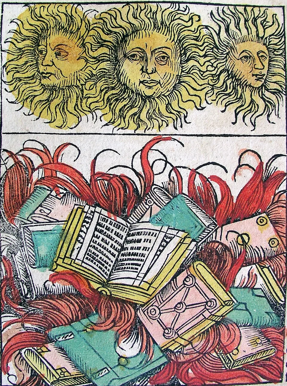 A drawing of three sun faces at the top with fiery yellow hair and three sets of contemplative expressions. Below, a chaotic mix of books, papers, and red tentacle-like shapes are intertwined, creating an abstract, surreal scene.
