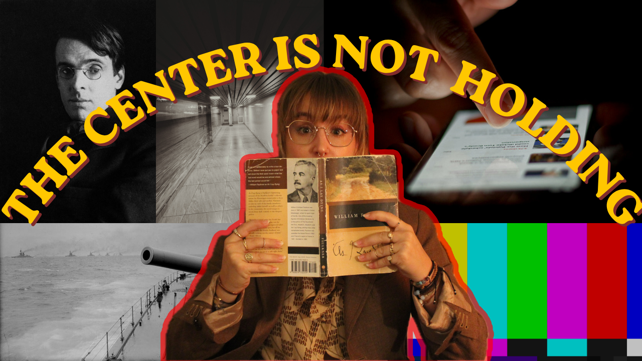 A collage of various images including a portrait of a man with glasses, a person holding a smartphone, a woman reading a book, an empty underground passage, battleships in the ocean, and a colorful color bar test pattern. The collage features the text "THE CENTER IS NOT HOLDING" in large yellow letters with a red outline across the top.