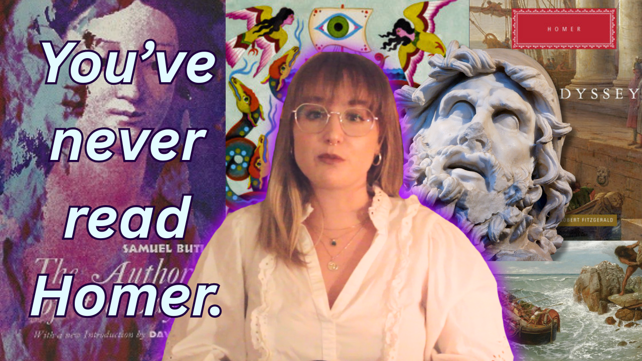 Collage combining images of a book cover titled "The Odyssey" by Homer, a marble sculpture of a bearded man, a woman sitting on rocks by the sea, a woman with colorful tattoos, and a woman with glasses and shoulder-length hair, with the text "You’ve never read Homer." overlaid.