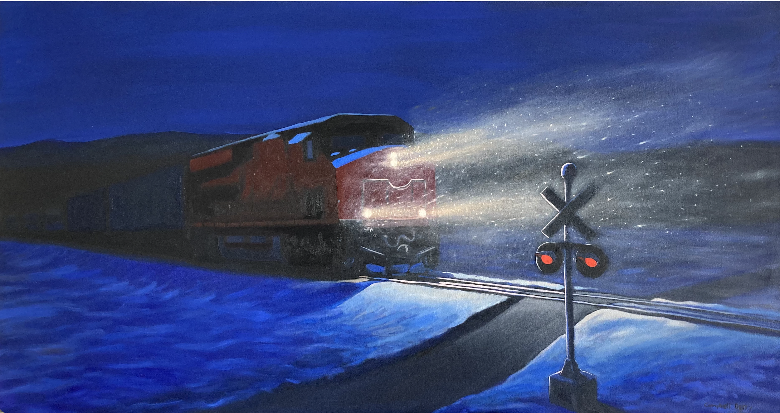Painting of a red train traveling through a snowy landscape at night, with a railroad crossing signal in foreground and a starry sky above.