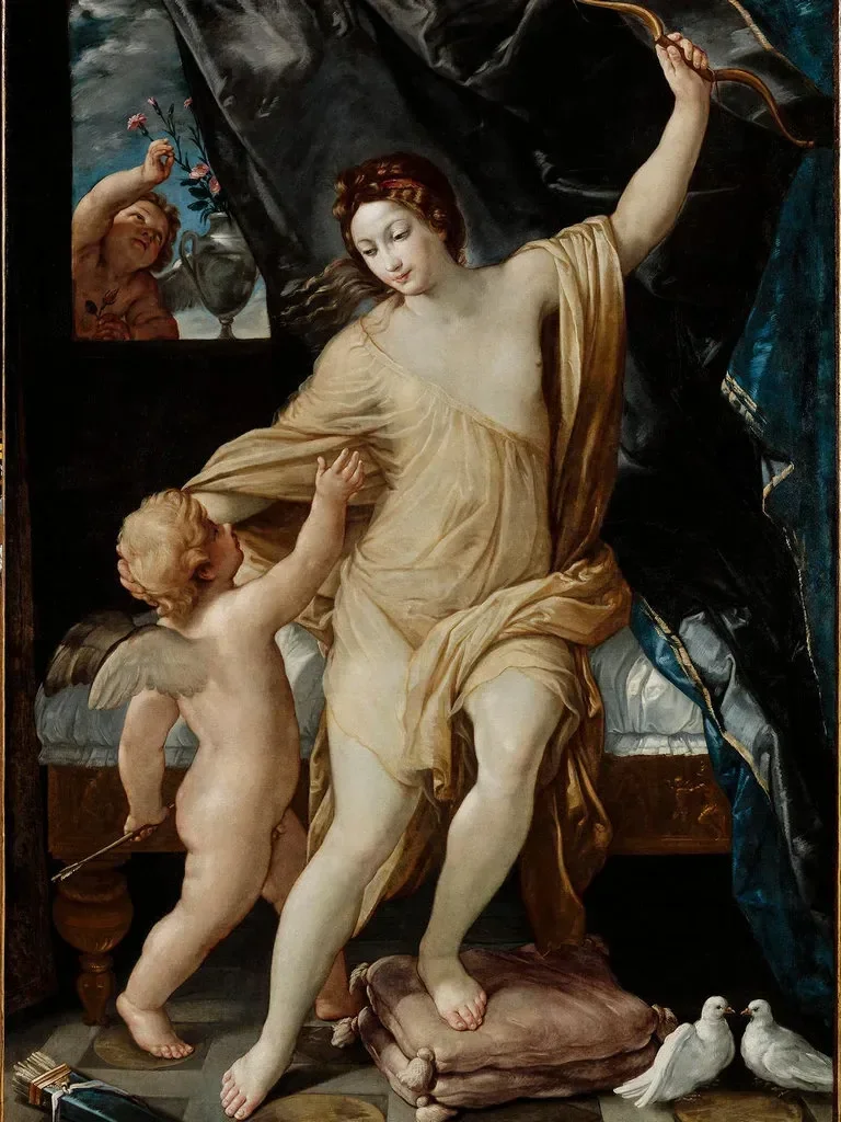 Painting of a woman with red hair in a golden dress, seated on a bed, holding a black curtain. A cherub with wings, holding a small sword, reaches up toward her. Behind her, a cherub in front of a vase with flowers, looks upward. Birds are on the floor at her feet.