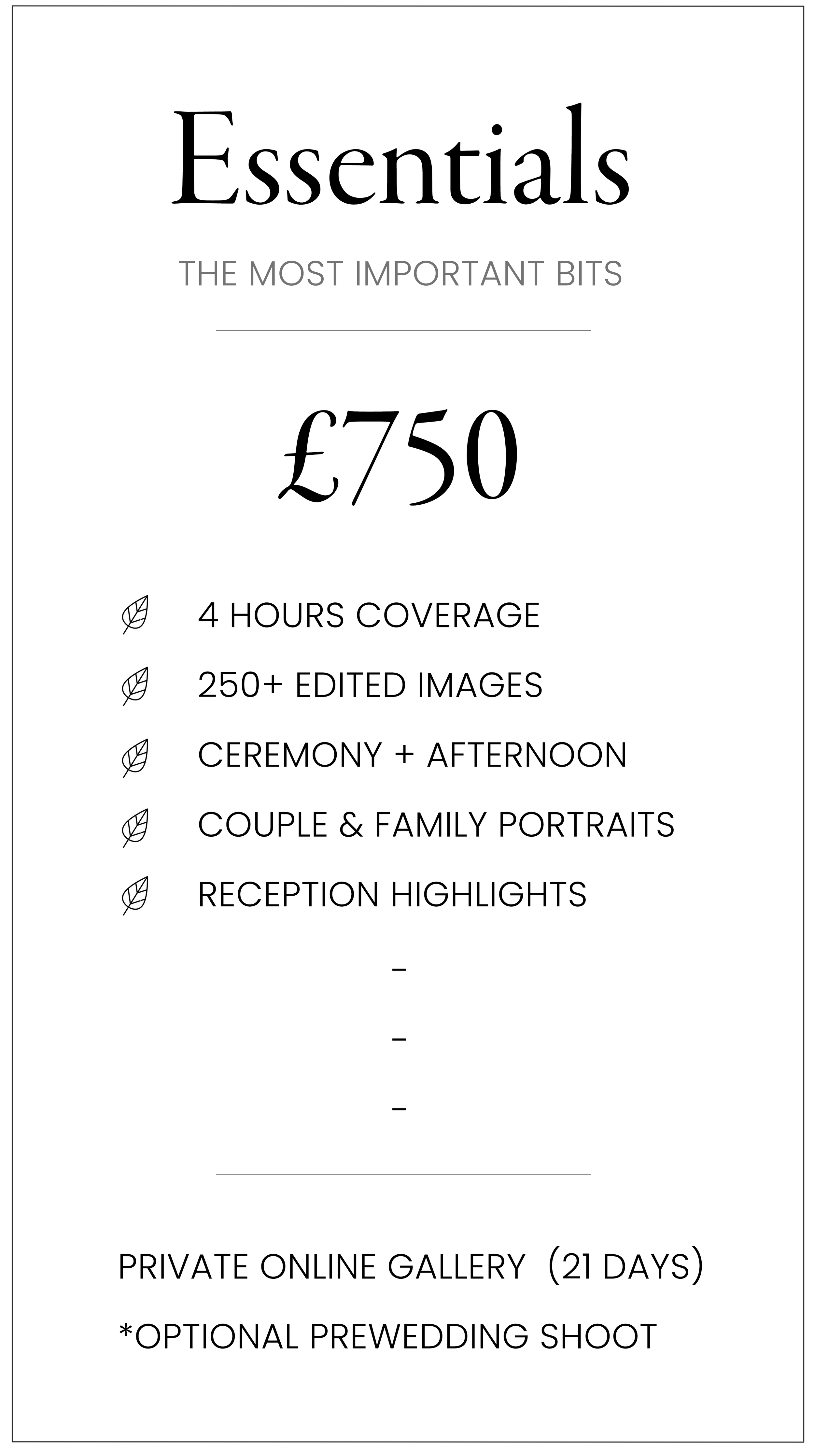 A digital flyer advertising wedding photography packages, priced at £750. The flyer highlights four hours of coverage, over 250 edited images, ceremony and afternoon sessions, couple and family portraits, and reception highlights. It also mentions a private online gallery available for 21 days, with an optional pre-wedding shoot.