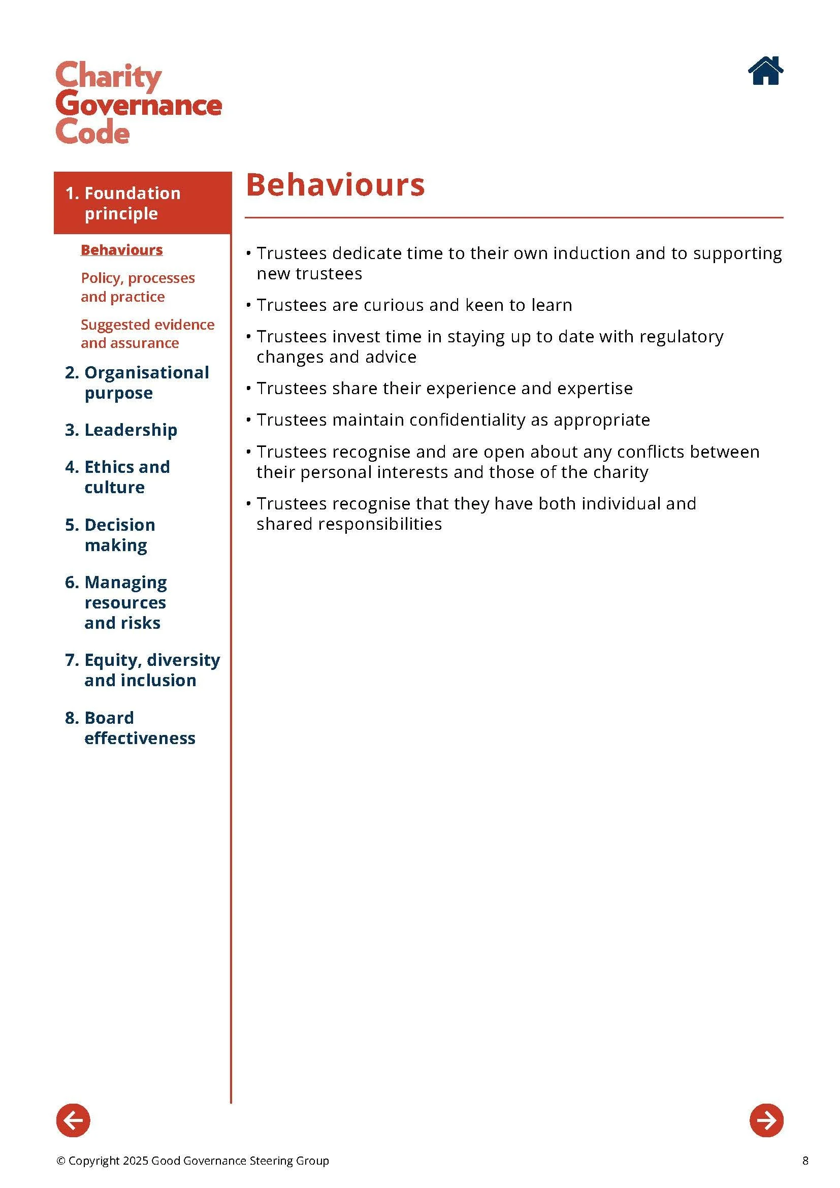 Text page from the Charity Governance Code under 'behaviours', listing bullet points on expected trustee behaviours
