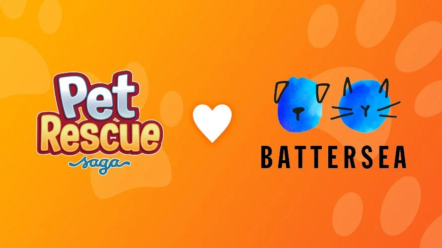 Promo graphic on an orange background with paw print patterns, showing the Pet Rescue Saga and Battersea logos connected by a white heart icon