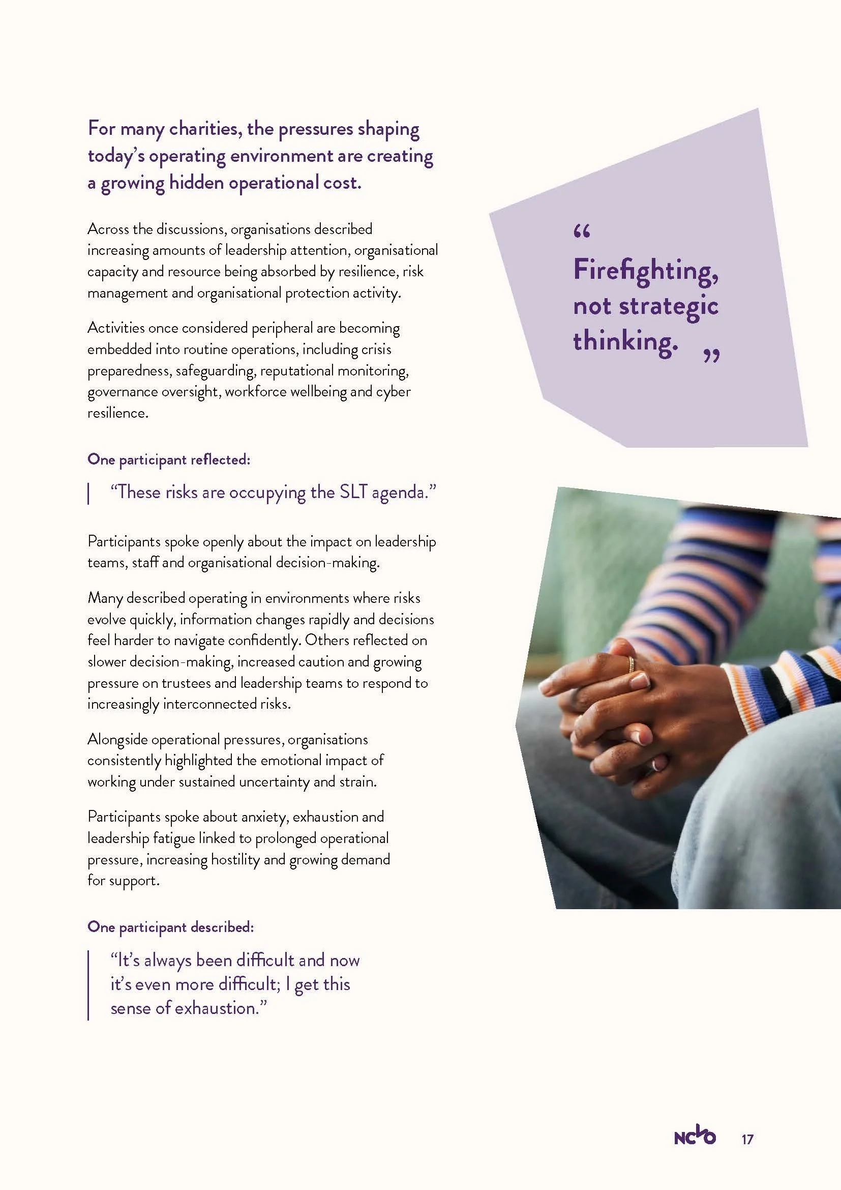 Report page discussing the hidden operational cost of resilience and risk management pressures, featuring a pull quote and an image of a person's clasped hands resting on their lap