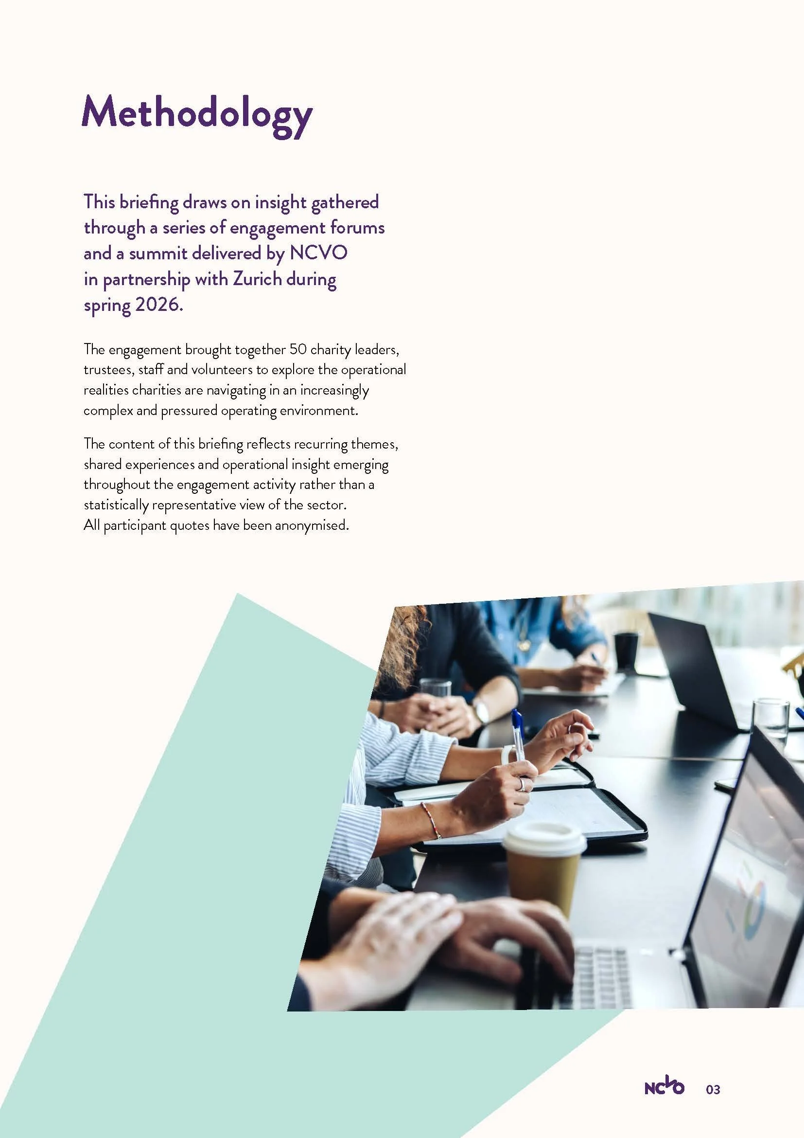 Report page explaining methodology, with a photo of people's hands taking notes and typing at a meeting table with coffee cups
