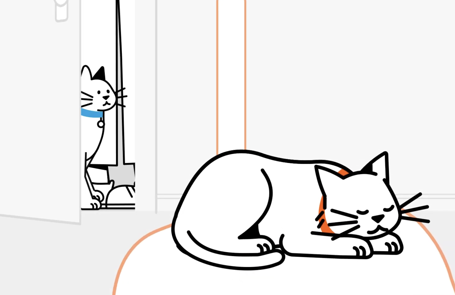 Flat-style line illustration of a white cat with an orange collar sleeping on a rounded orange and white cushion in the foreground, while a second cat with a blue collar peeks out from behind a partially open door in the background.