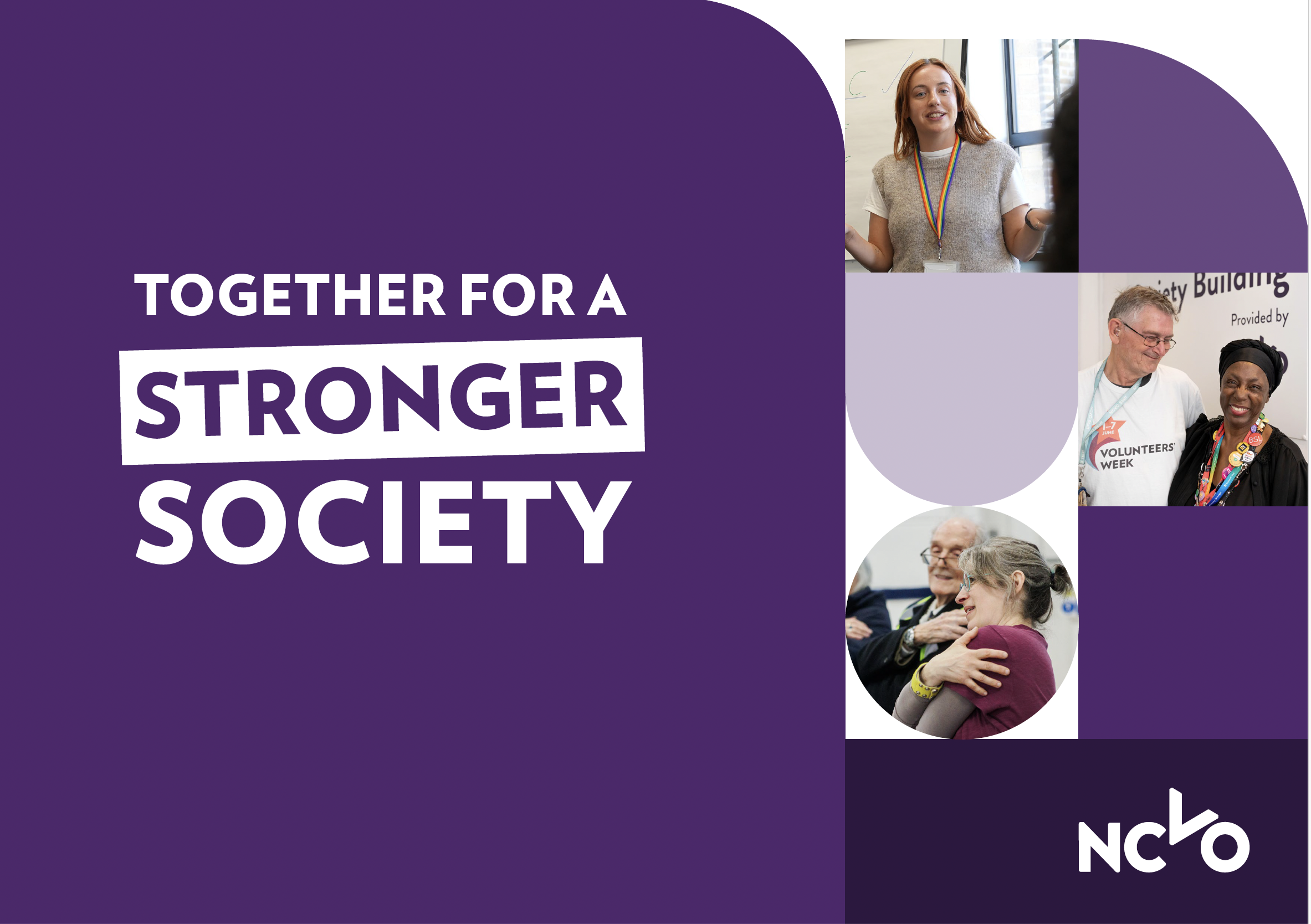 NCVO strategy document cover reading 'Together for a Stronger Society', with a collage of three photos showing people volunteering and presenting