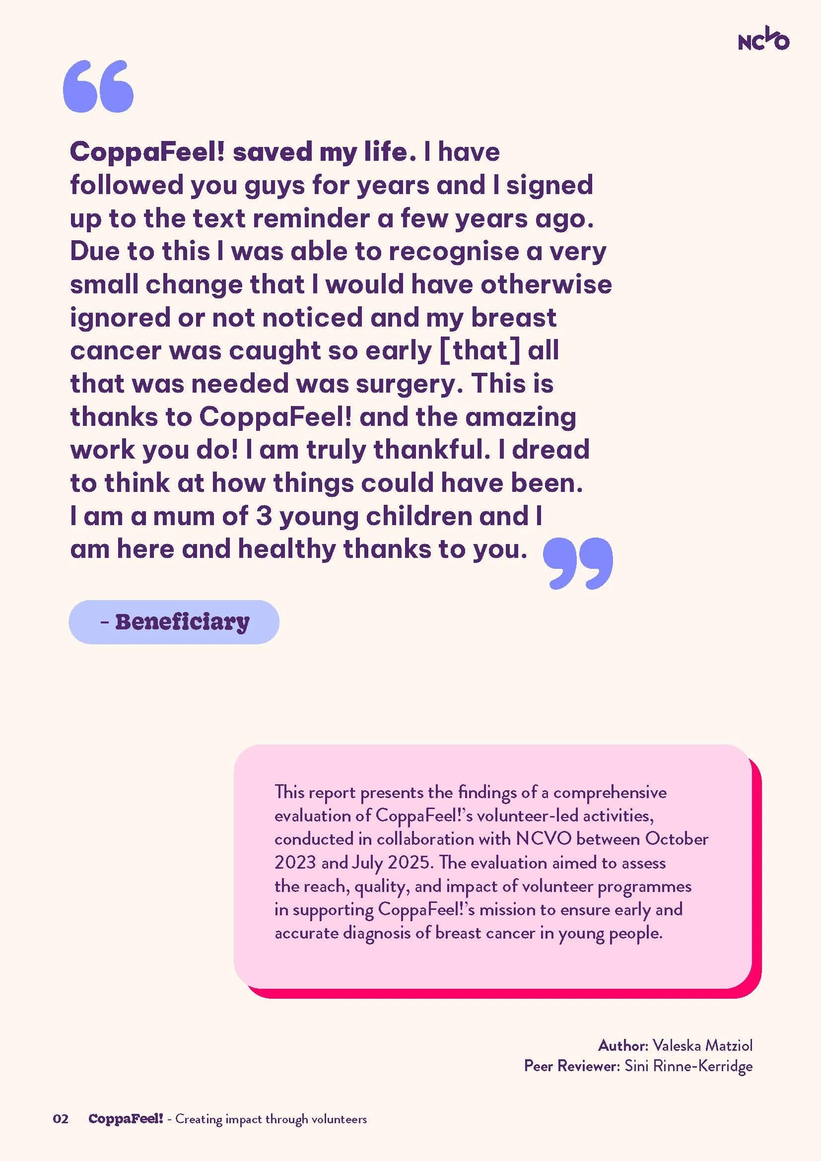 Report page featuring a large pull-quote and a summary box in pink