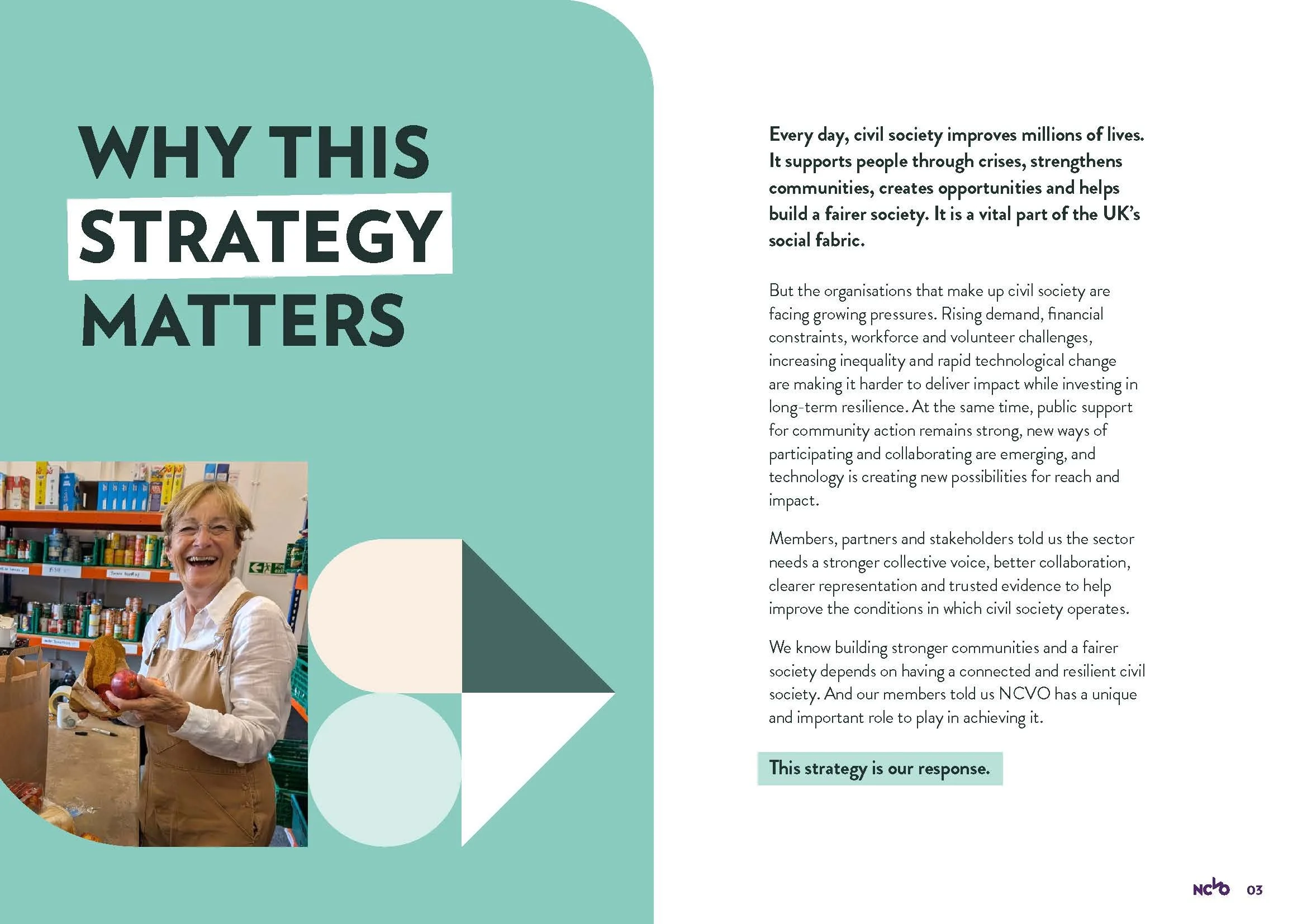 Page is titled 'why this strategy matters', and shows an image of a smiling woman in an apron holding a bag of fruit in a food bank