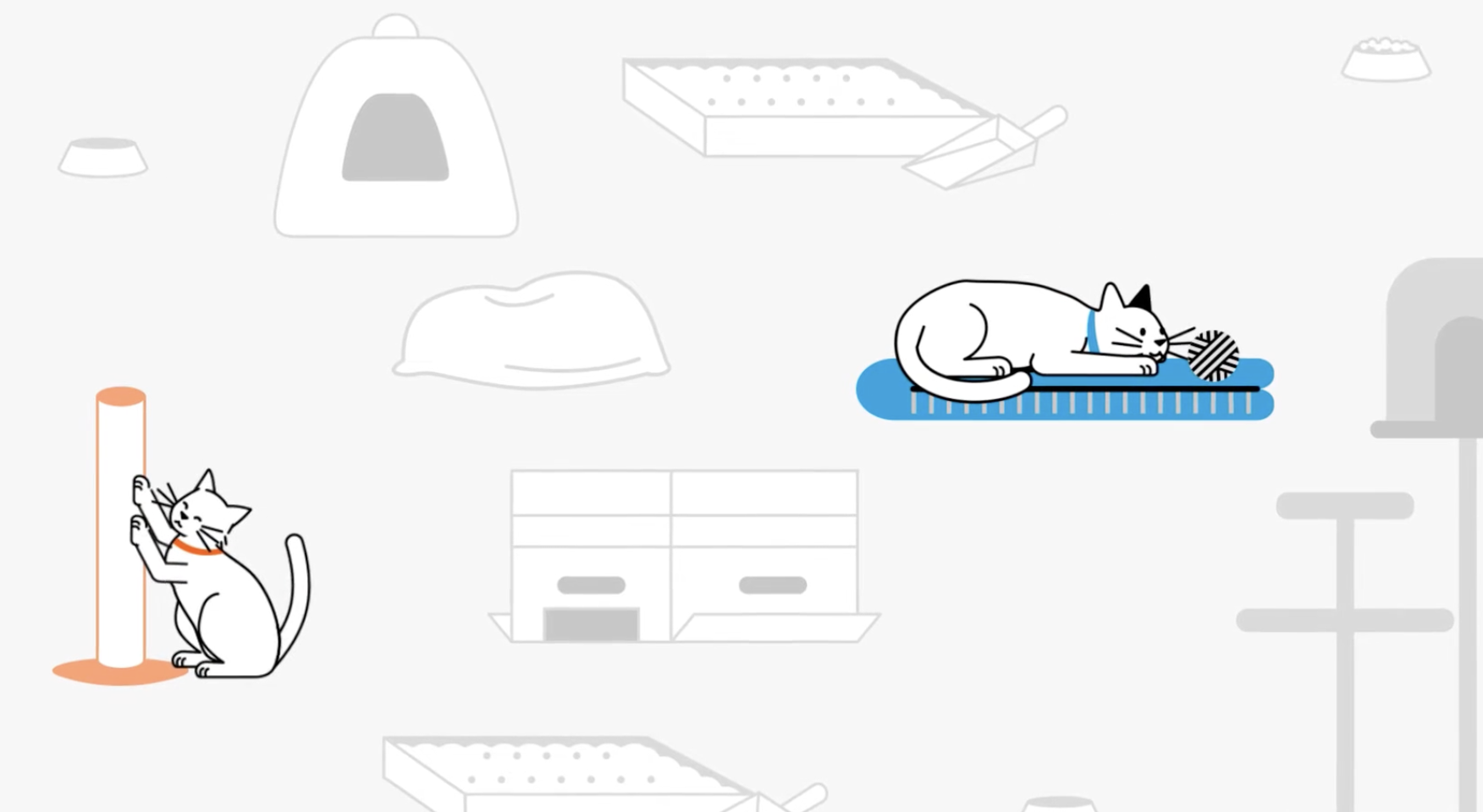 Flat line style illustration of a white cat wearing a blue collar sleeping on a blue mat next to a ball of yarn, with a second orange-collared cat scratching an orange scratching post. Faded background icons show a carrier, a litter box, food bowls