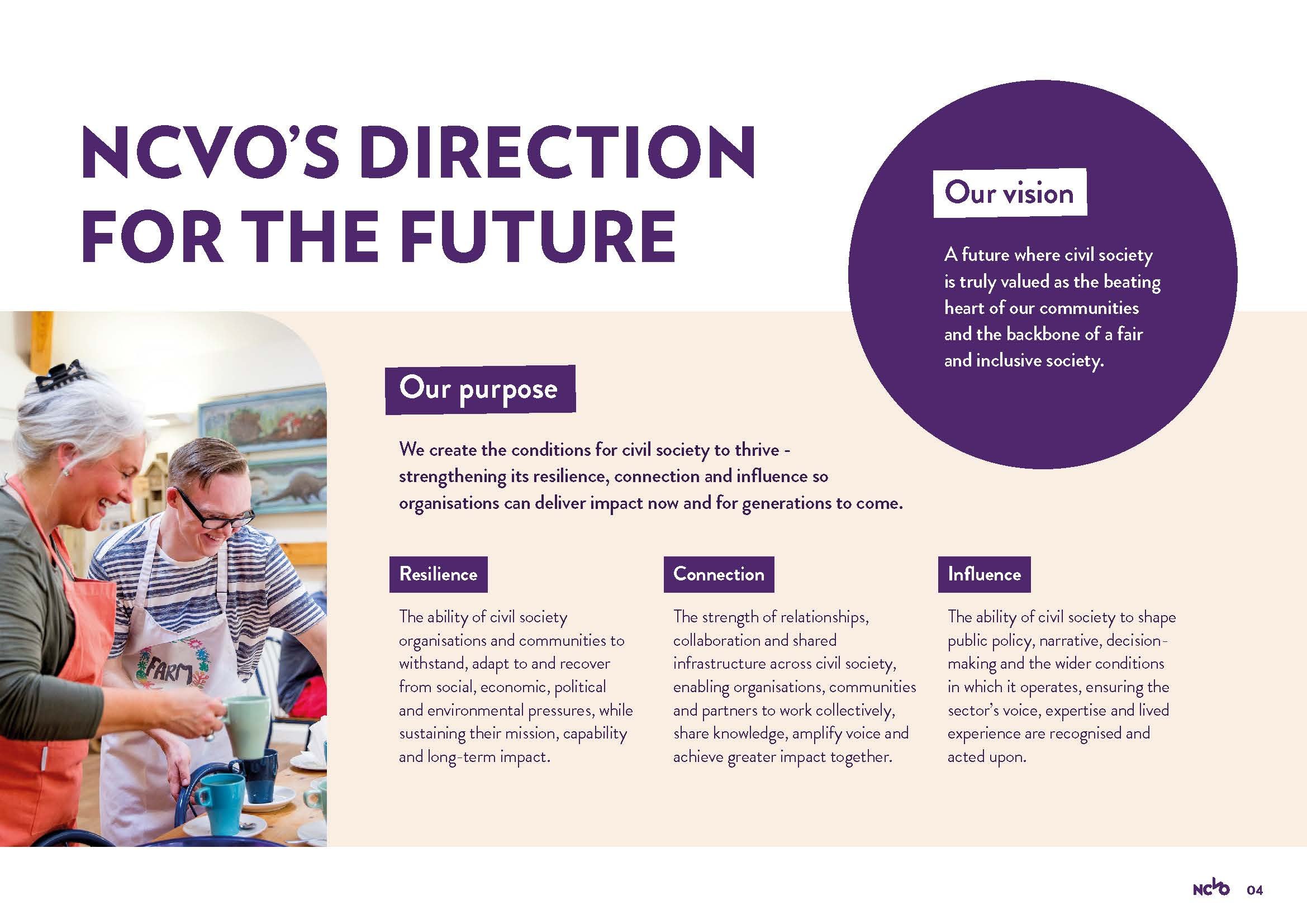 The title of the page is 'NCVO's direction for the future', showing the organisation's purpose and vision. An image shows two people laughing together while making tea in a community kitchen