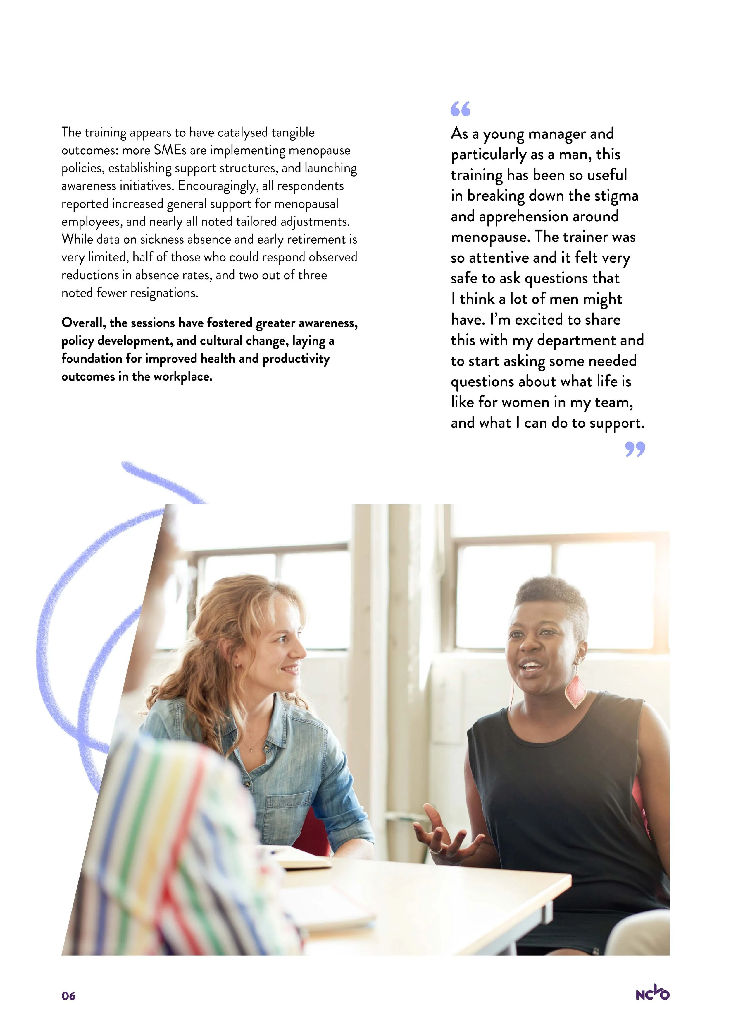 Report page summarising outcomes of menopause training. Below is a photo of two women talking and smiling together
