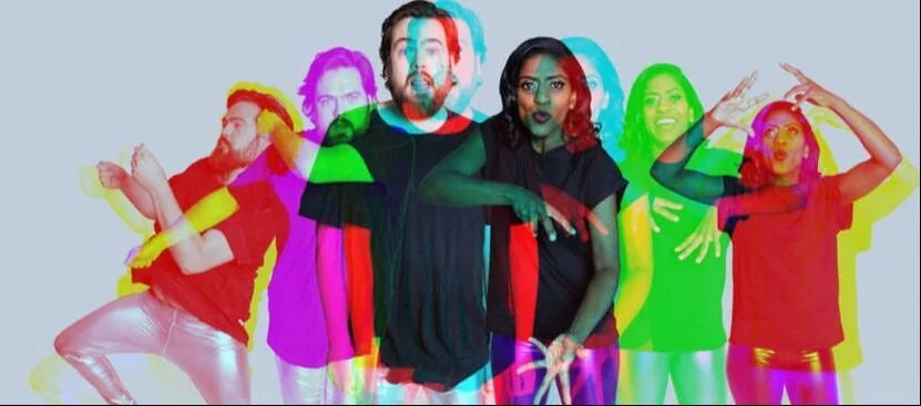Poster artwork showing multiple images of a man and a woman layered together in a dynamic, ghosted multiple-exposure effect, each figure tinted a different bright colour (red, green, purple, pink) against a plain grey background.