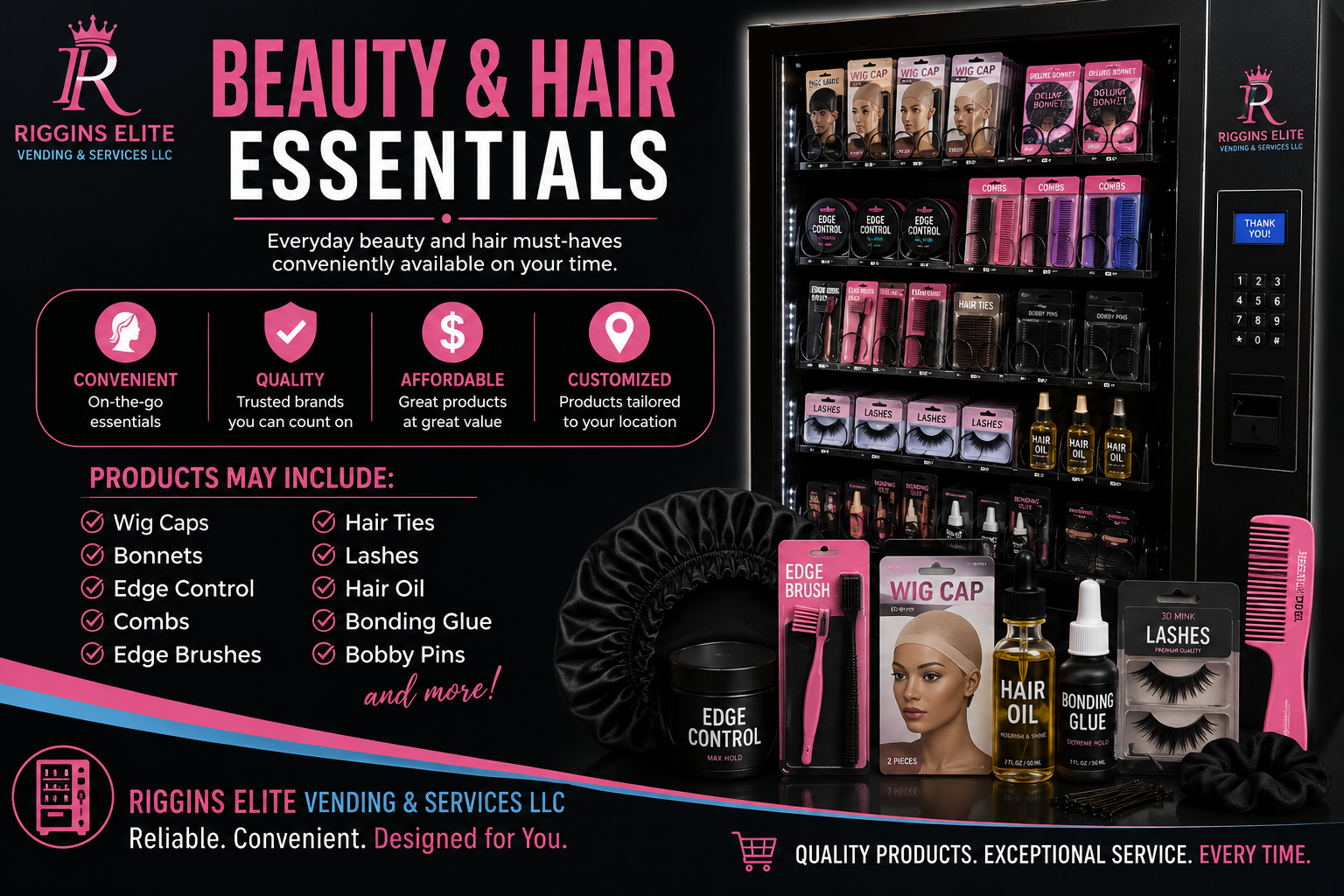Beauty and hair essentials vending solutions from Riggins Elite Vending & Services LLC   