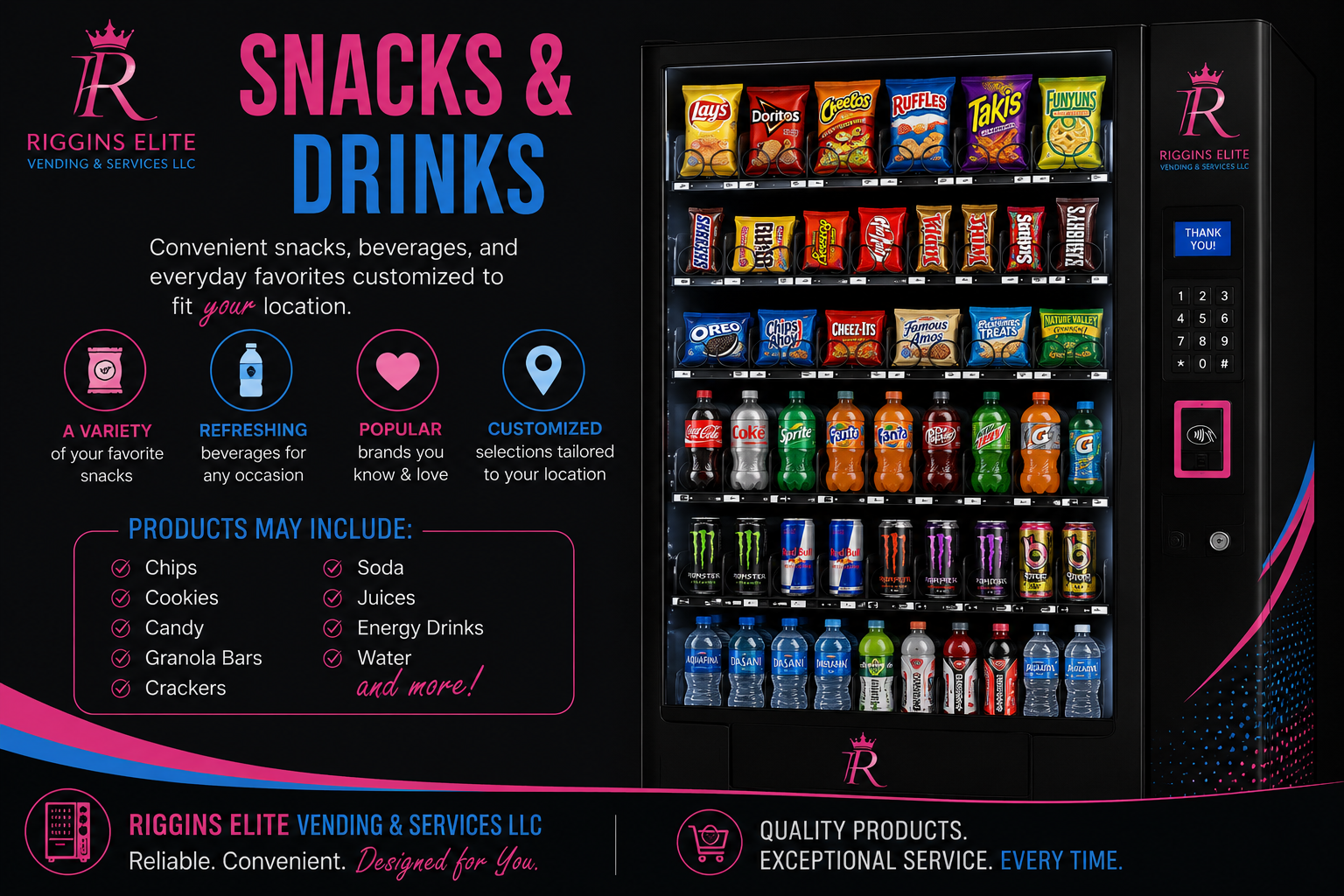 Snack and drink vending machine from Riggins Elite Vending & Services LLC.