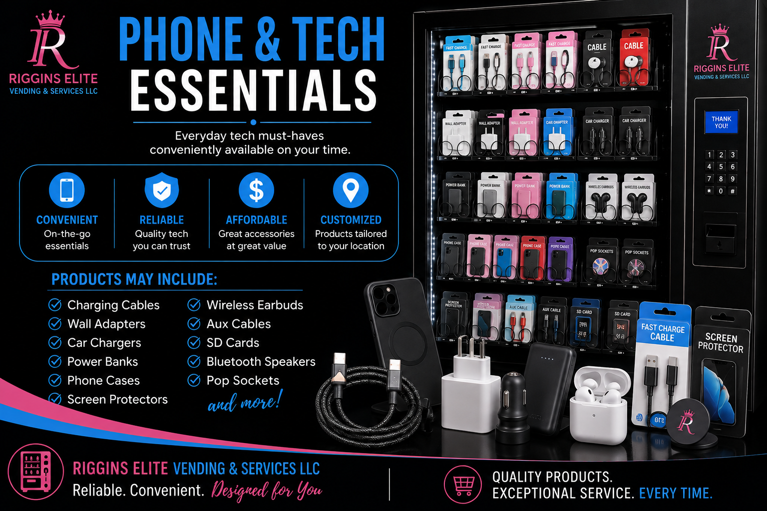 Phone and Tech essentials vending solutions from Riggins Elite Vending & Services LLC