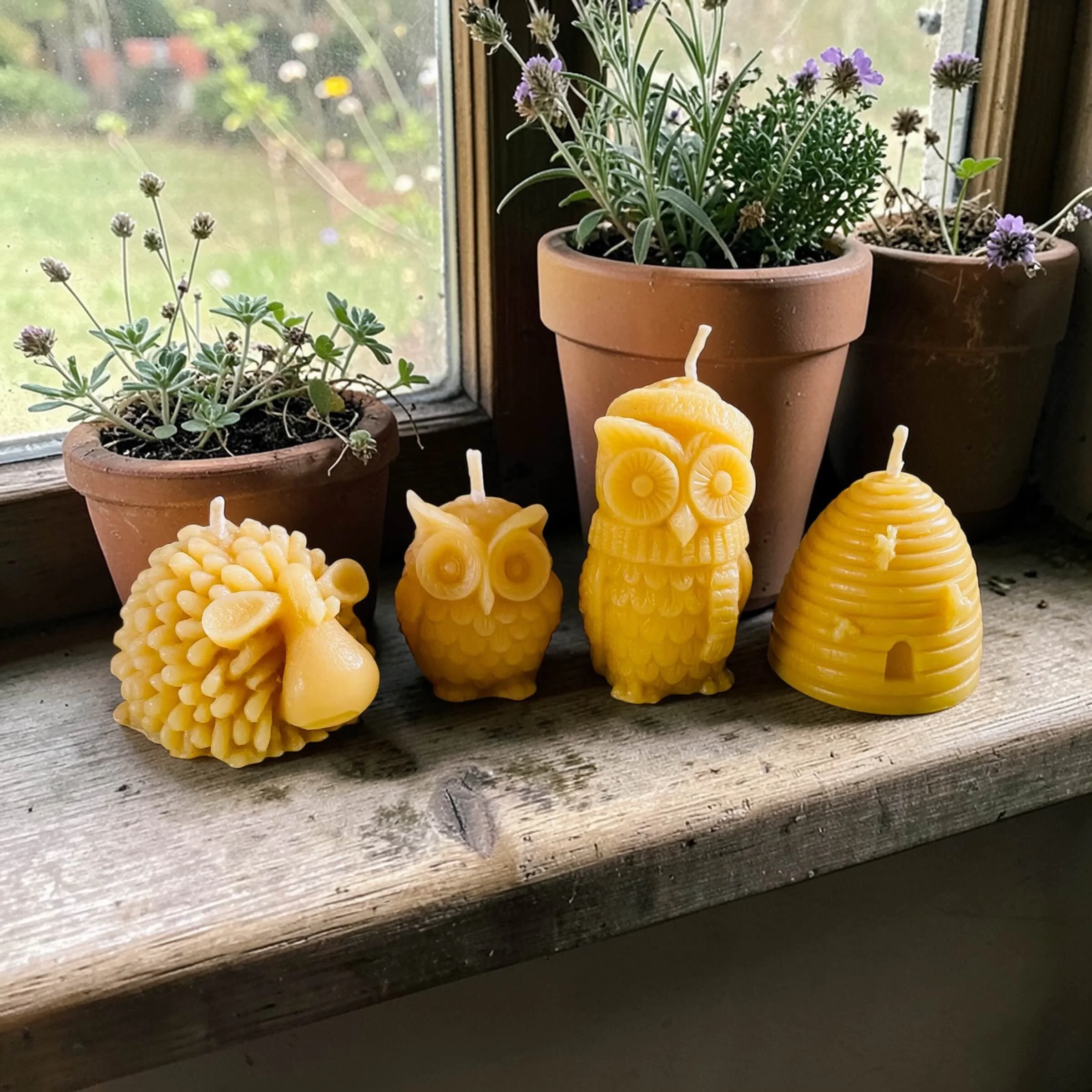 Four beeswax candles gift set,  a sheep, small owl, owl with craft and a beehive.