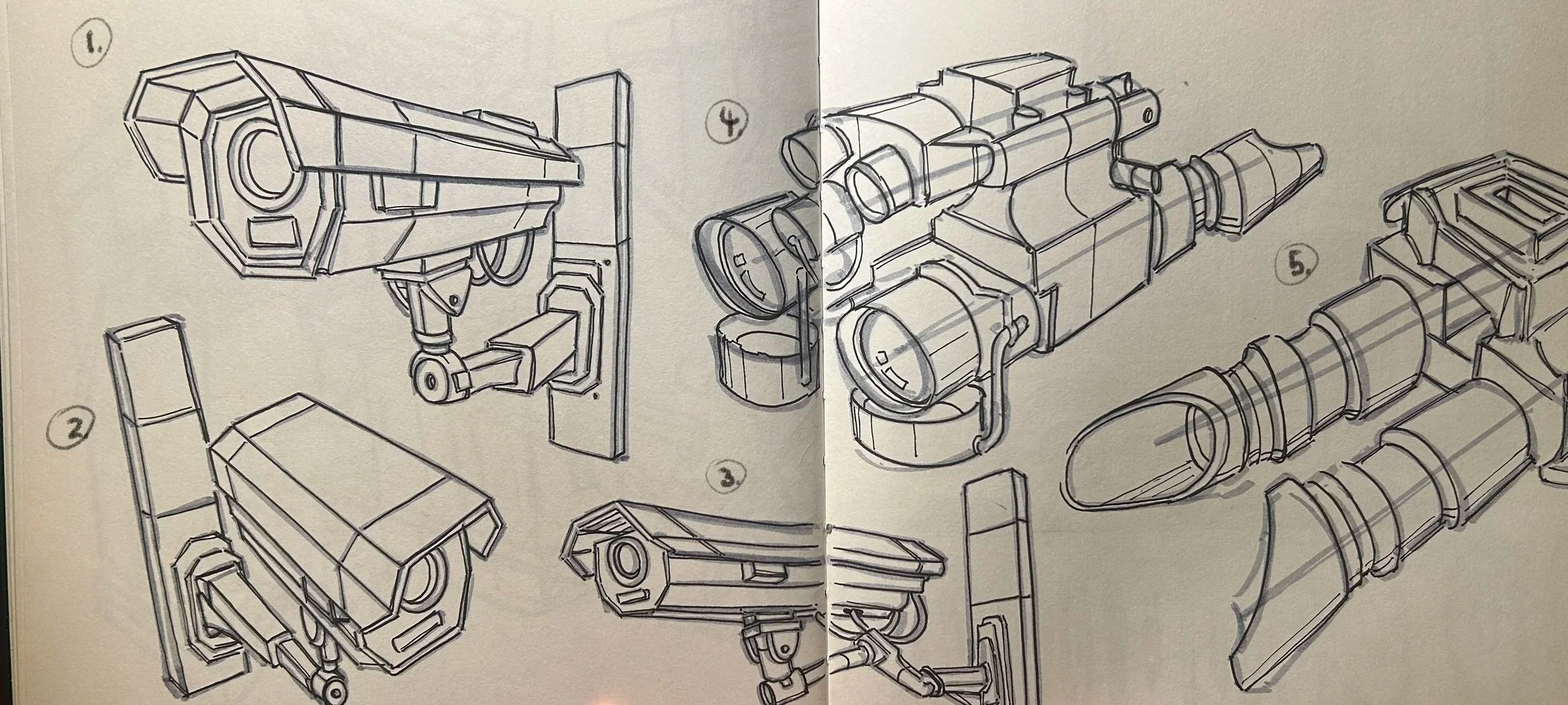 Hand-drawn sketches of various sci-fi robot or spaceship parts, including weaponry, mechanical components, and structural pieces, numbered from 1 to 5.