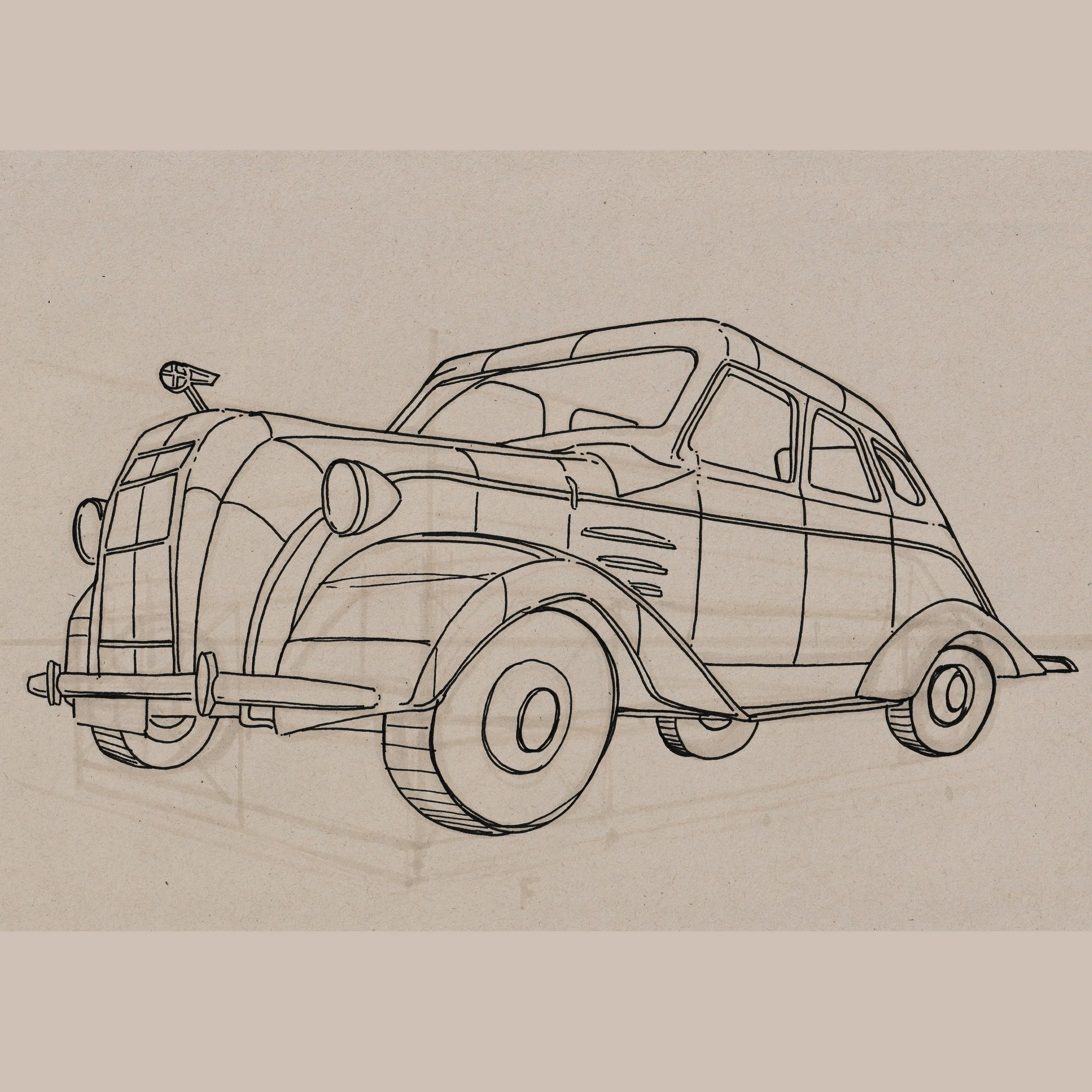 Line drawing of a vintage car with large wheels and a boxy body.