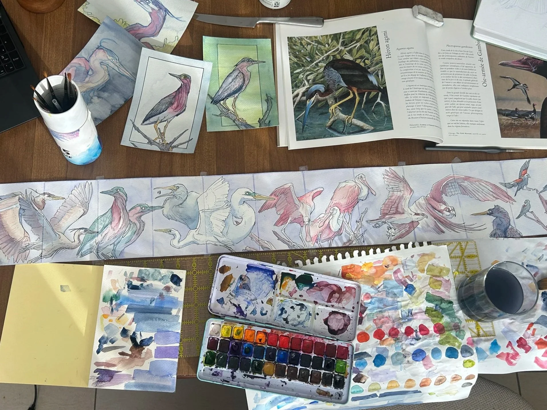 A workspace with various bird illustrations, watercolor paints, and brushes. There are sketches and paintings of herons and other waterbirds, along with art supplies and reference material.