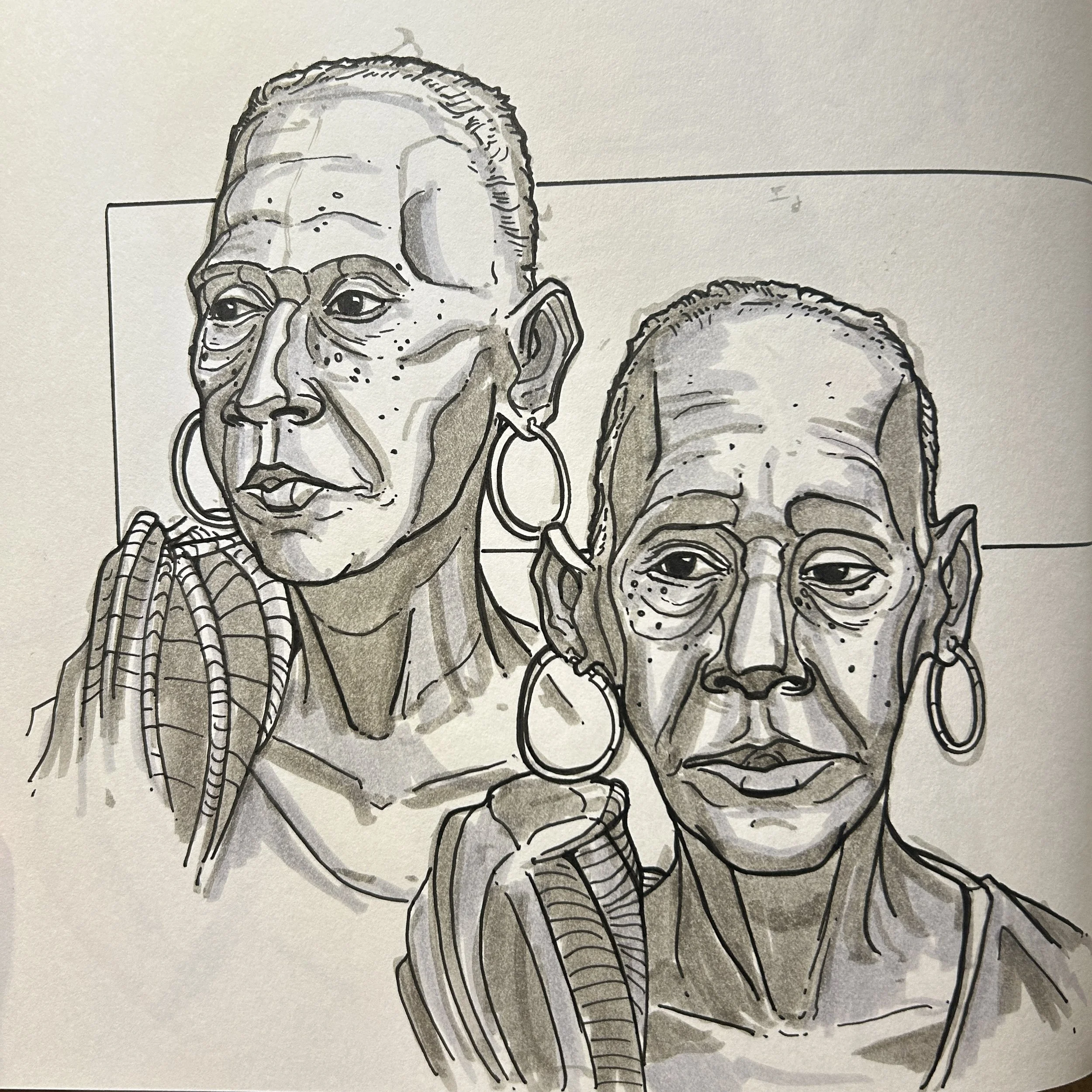Line drawing of diverse women with natural hair and glasses, some wearing hoops, in black and white.