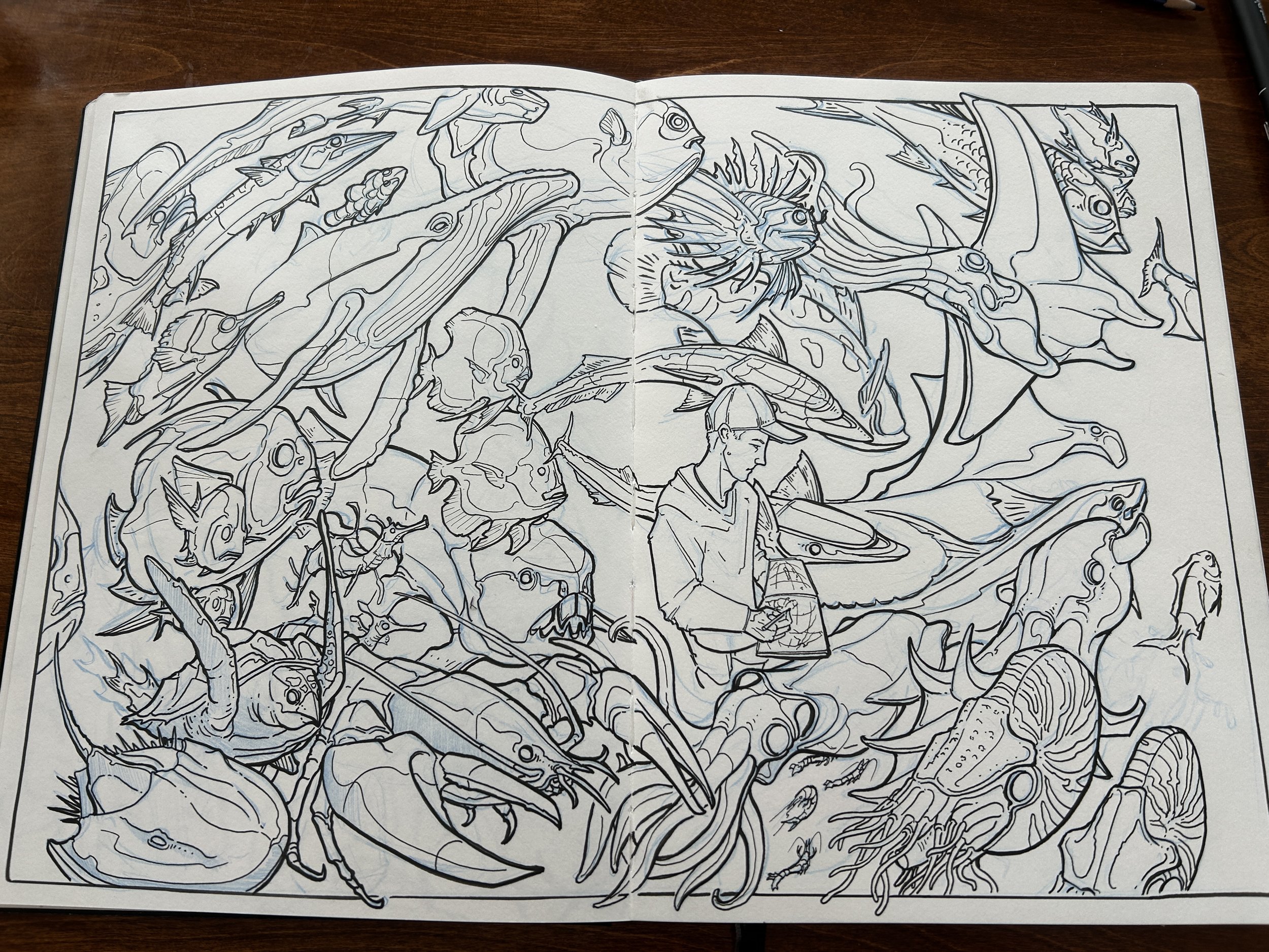 Black and white coloring page featuring various marine life including fish, octopus, squid, and other sea creatures surrounding a person wearing a hat.
