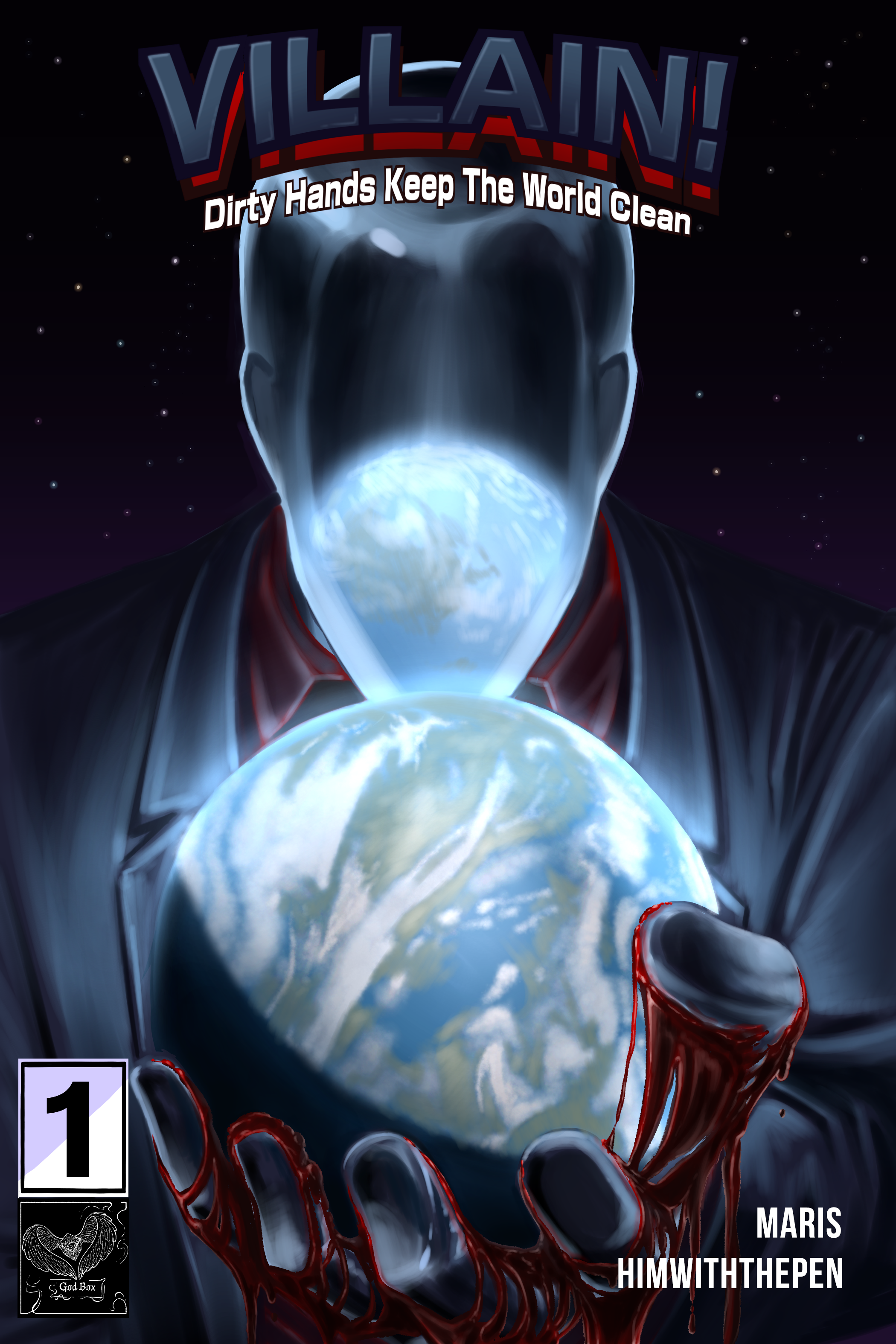 A villain portrait with Earth depicted as a glowing, partial face in the background. The villain’s head is starry and cosmic, with the title 'VILLAIN!' and the tagline 'Dirty Hands Keep The World Clean' shown at the top. The villain wears a suit, and their hands are shown holding Earth, which is also glowing. The name 'MARIS HIMWITHTHEPEN' appears in the bottom right, and there are logos at the bottom left.