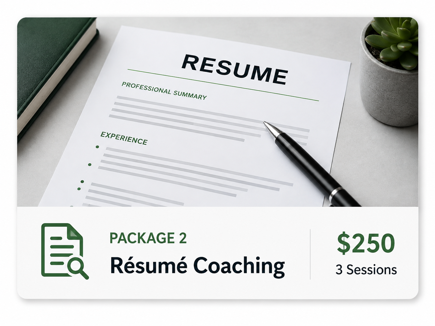 Professional résumé coaching and résumé review, career experience development, and improved presentation for job opportunities.